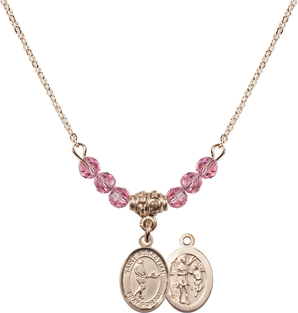 14kt Gold Filled Saint Sebastian/Tennis Birthstone Necklace with Rose Beads - 9166