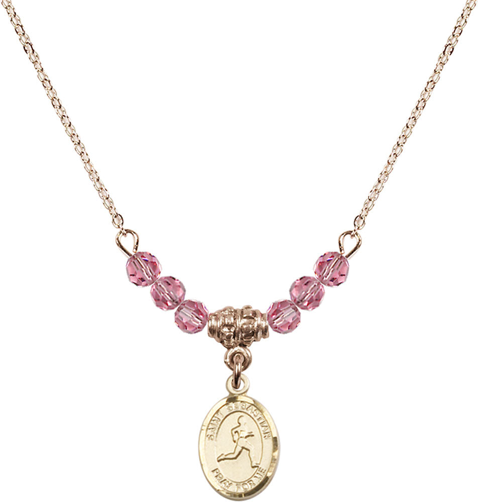 14kt Gold Filled Saint Sebastian/Track & Field Birthstone Necklace with Rose Beads - 9176