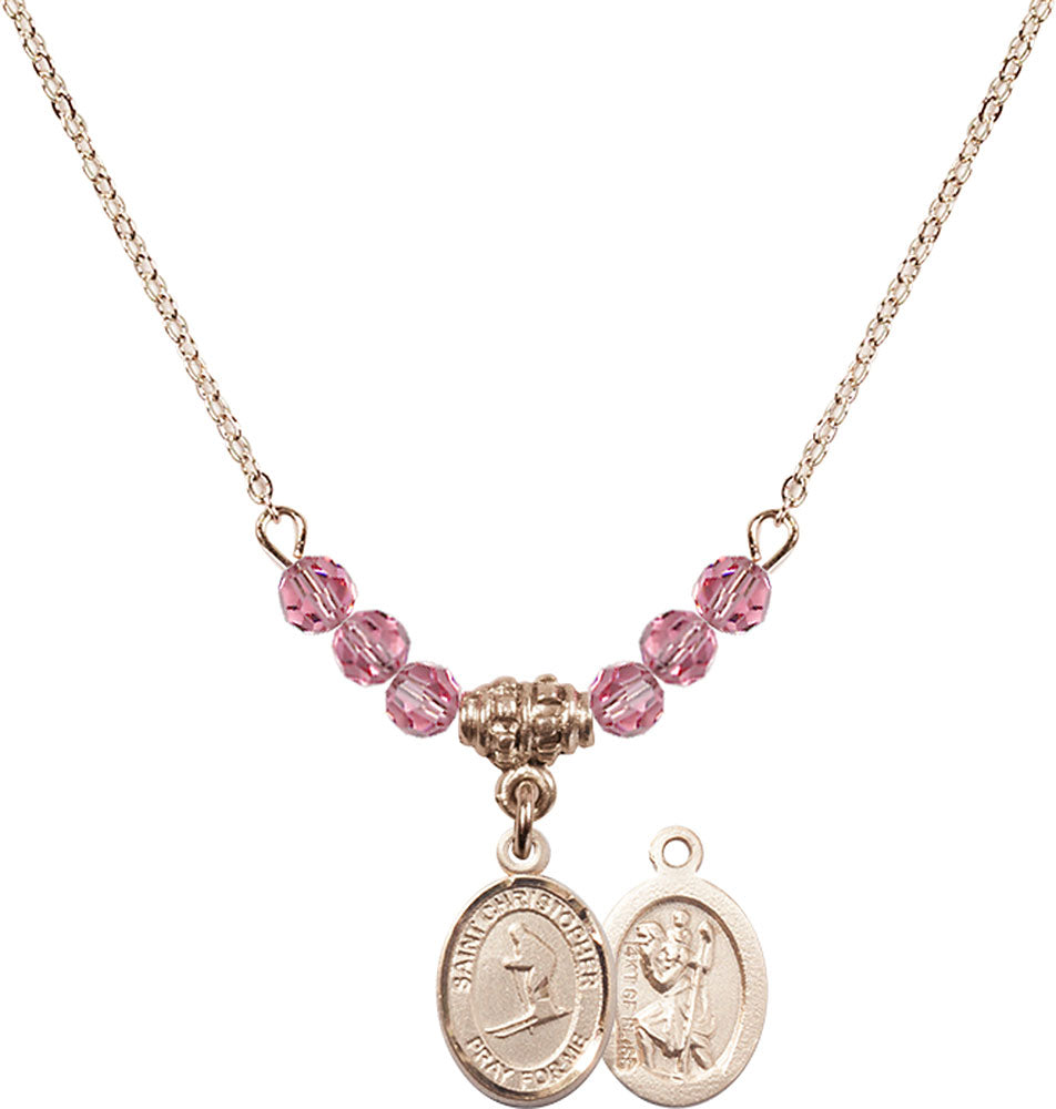 14kt Gold Filled Saint Christopher / Skiing Birthstone Necklace with Rose Beads - 9193