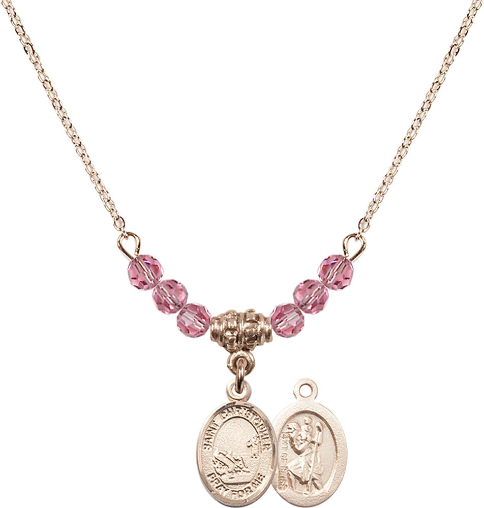14kt Gold Filled Saint Christopher / Fishing Birthstone Necklace with Rose Beads - 9196