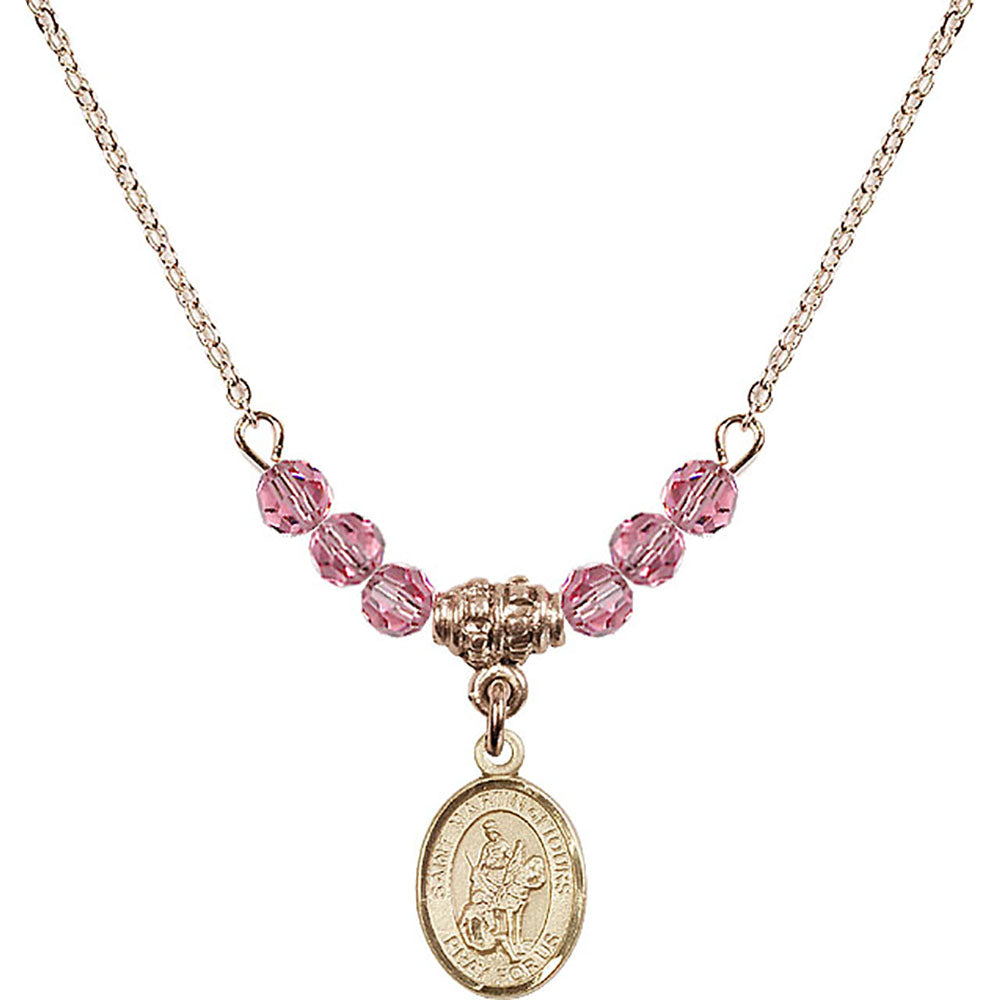 14kt Gold Filled Saint Martin of Tours Birthstone Necklace with Rose Beads - 9200