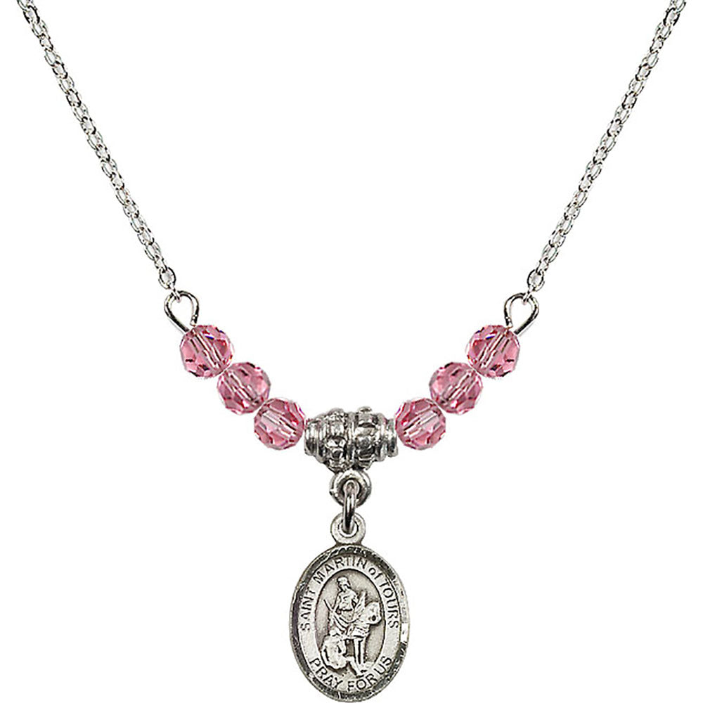 Sterling Silver Saint Martin of Tours Birthstone Necklace with Rose Beads - 9200