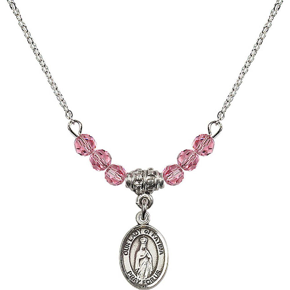 Sterling Silver Our Lady of Fatima Birthstone Necklace with Rose Beads - 9205