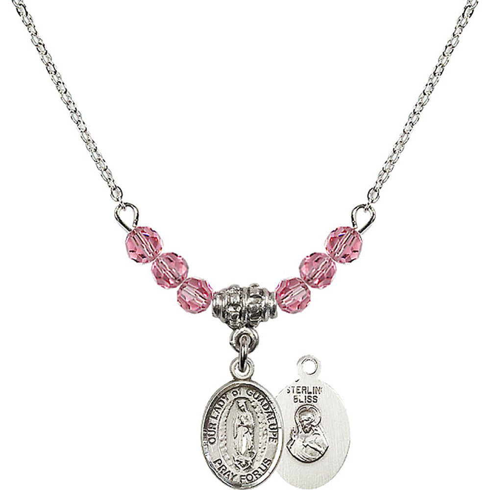 Sterling Silver Our Lady of Guadalupe Birthstone Necklace with Rose Beads - 9206