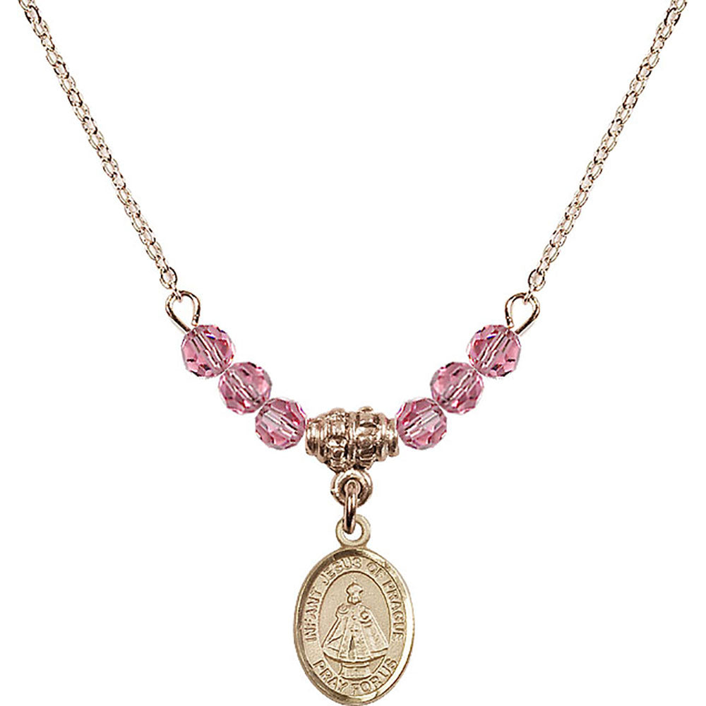 14kt Gold Filled Infant of Prague Birthstone Necklace with Rose Beads - 9207