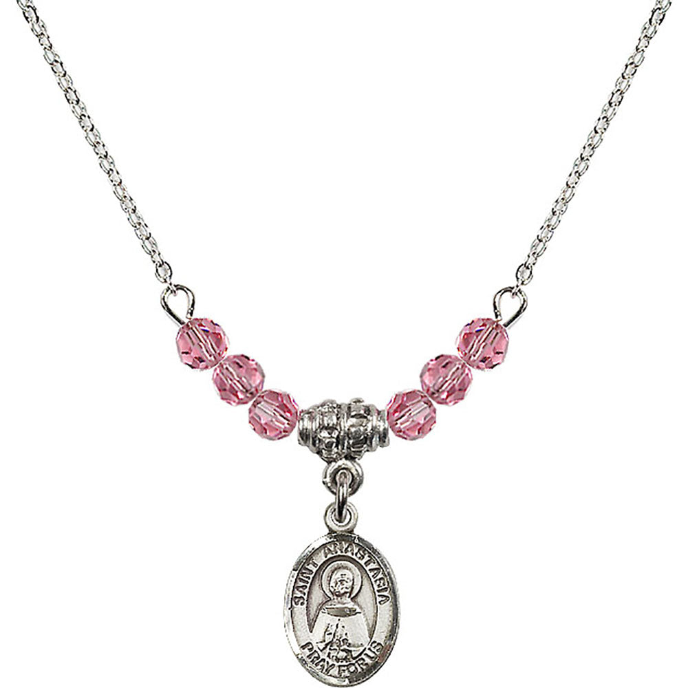 Sterling Silver Saint Anastasia Birthstone Necklace with Rose Beads - 9213