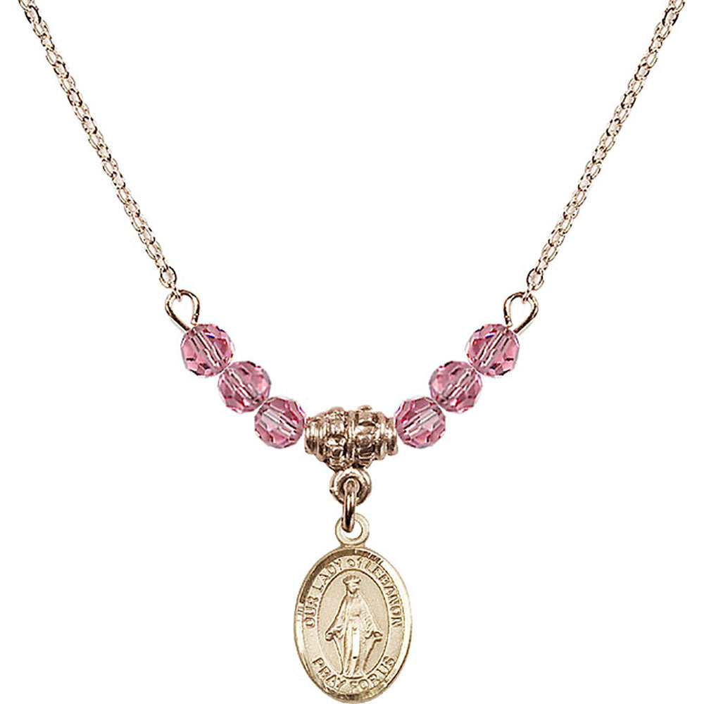 14kt Gold Filled Our Lady of Lebanon Birthstone Necklace with Rose Beads - 9229