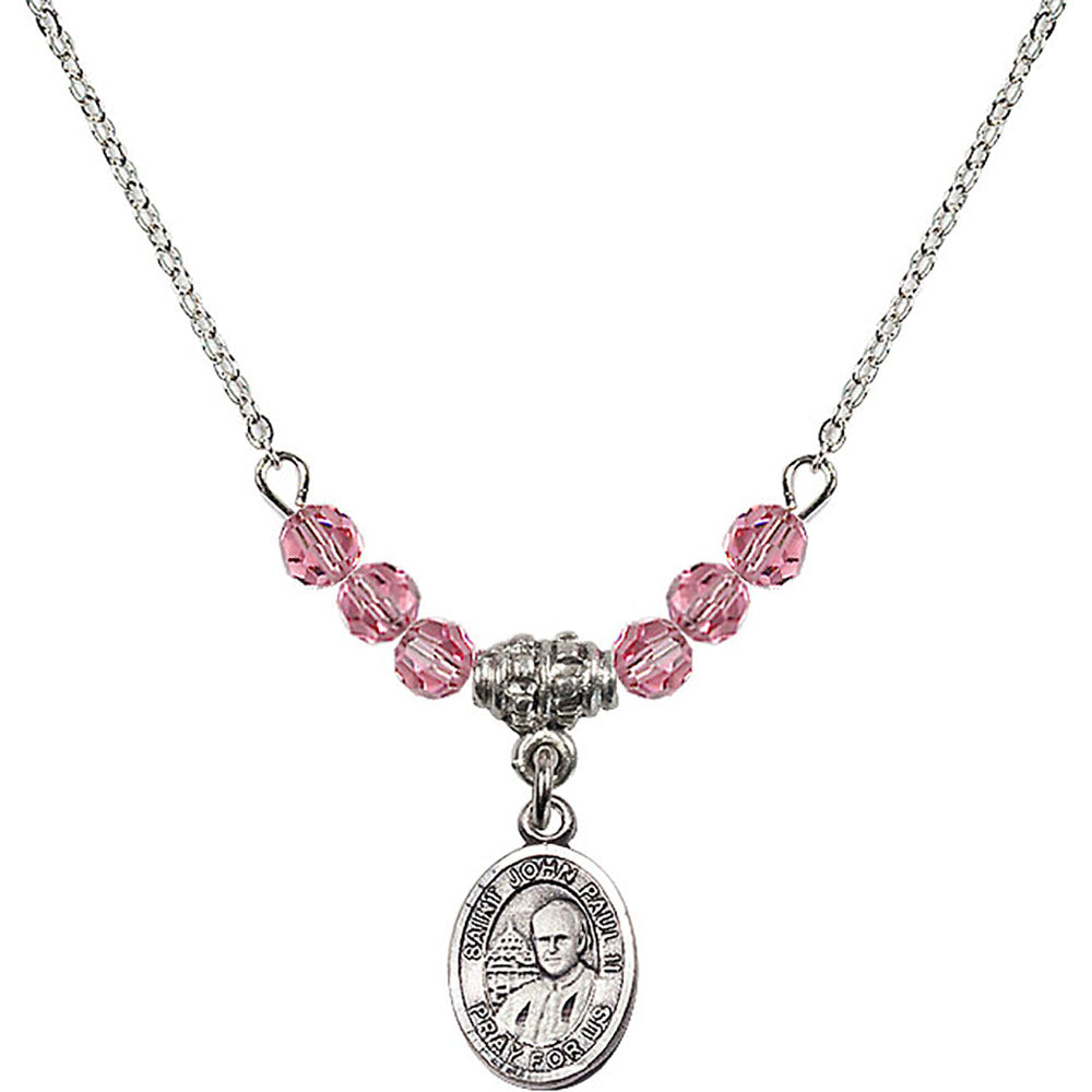 Sterling Silver Saint John Paul II Birthstone Necklace with Rose Beads - 9234