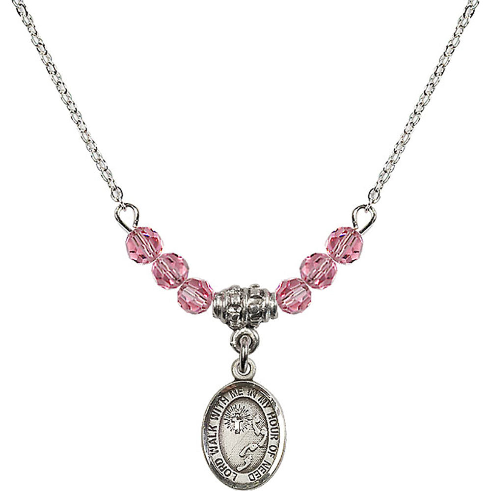 Sterling Silver Footprints / Cross Birthstone Necklace with Rose Beads - 9237