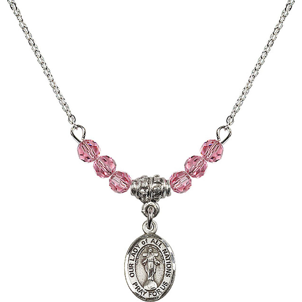 Sterling Silver Our Lady of All Nations Birthstone Necklace with Rose Beads - 9242
