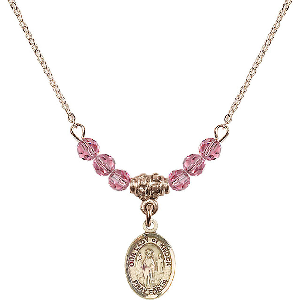 14kt Gold Filled Our Lady of Knock Birthstone Necklace with Rose Beads - 9246
