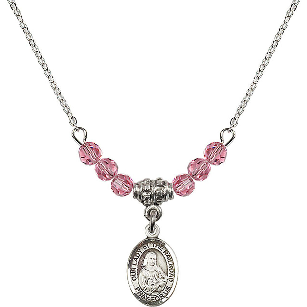 Sterling Silver Our Lady of the Railroad Birthstone Necklace with Rose Beads - 9247