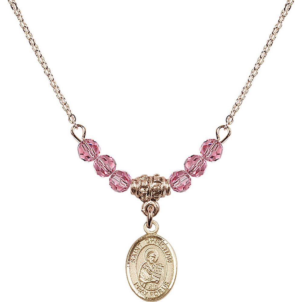 14kt Gold Filled Saint Christian Demosthenes Birthstone Necklace with Rose Beads - 9257