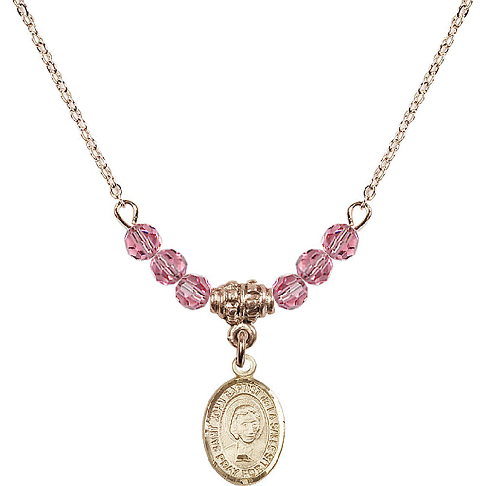 14kt Gold Filled Saint John Baptist de la Salle Birthstone Necklace with Rose Beads - 9262
