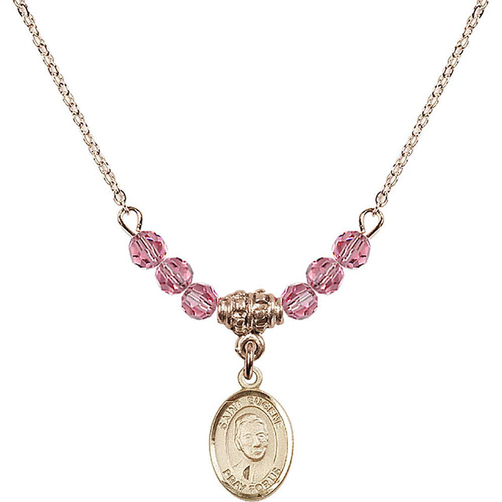 14kt Gold Filled Saint Eugene de Mazenod Birthstone Necklace with Rose Beads - 9266