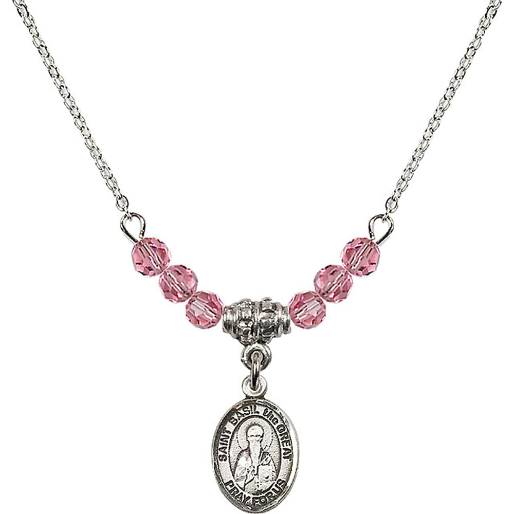Sterling Silver Saint Basil the Great Birthstone Necklace with Rose Beads - 9275