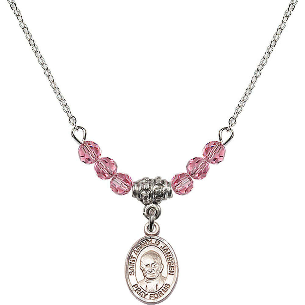 Sterling Silver Saint Arnold Janssen Birthstone Necklace with Rose Beads - 9328