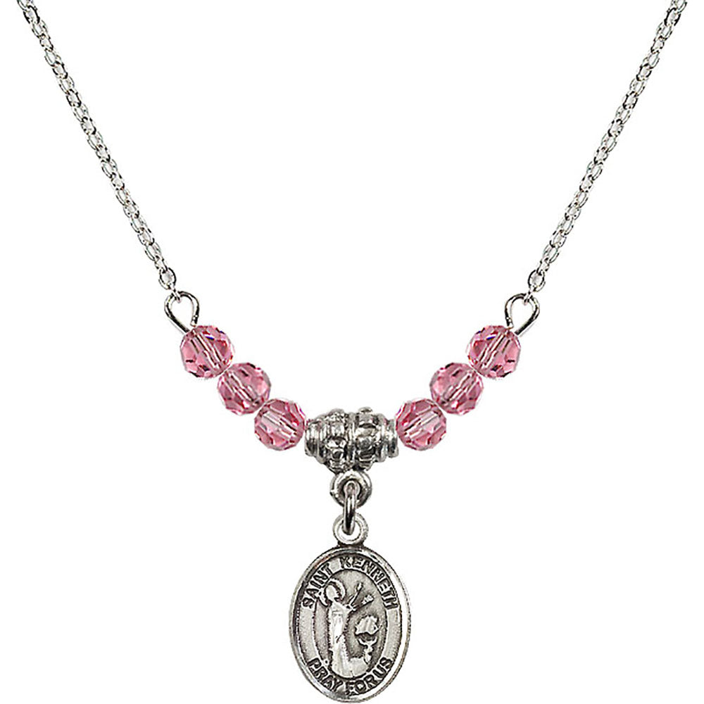 Sterling Silver Saint Kenneth Birthstone Necklace with Rose Beads - 9332
