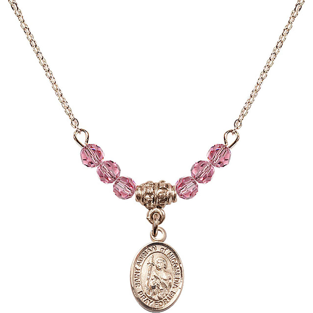 14kt Gold Filled Saint Adrian of Nicomedia Birthstone Necklace with Rose Beads - 9353