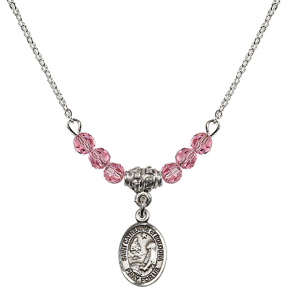 Sterling Silver Saint Catherine of Bologna Birthstone Necklace with Rose Beads - 9354