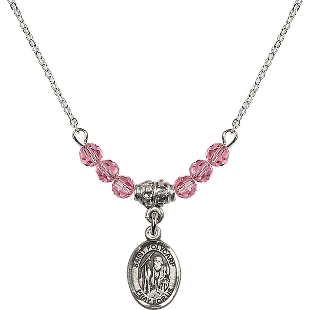 Sterling Silver Saint Polycarp of Smyrna Birthstone Necklace with Rose Beads - 9363