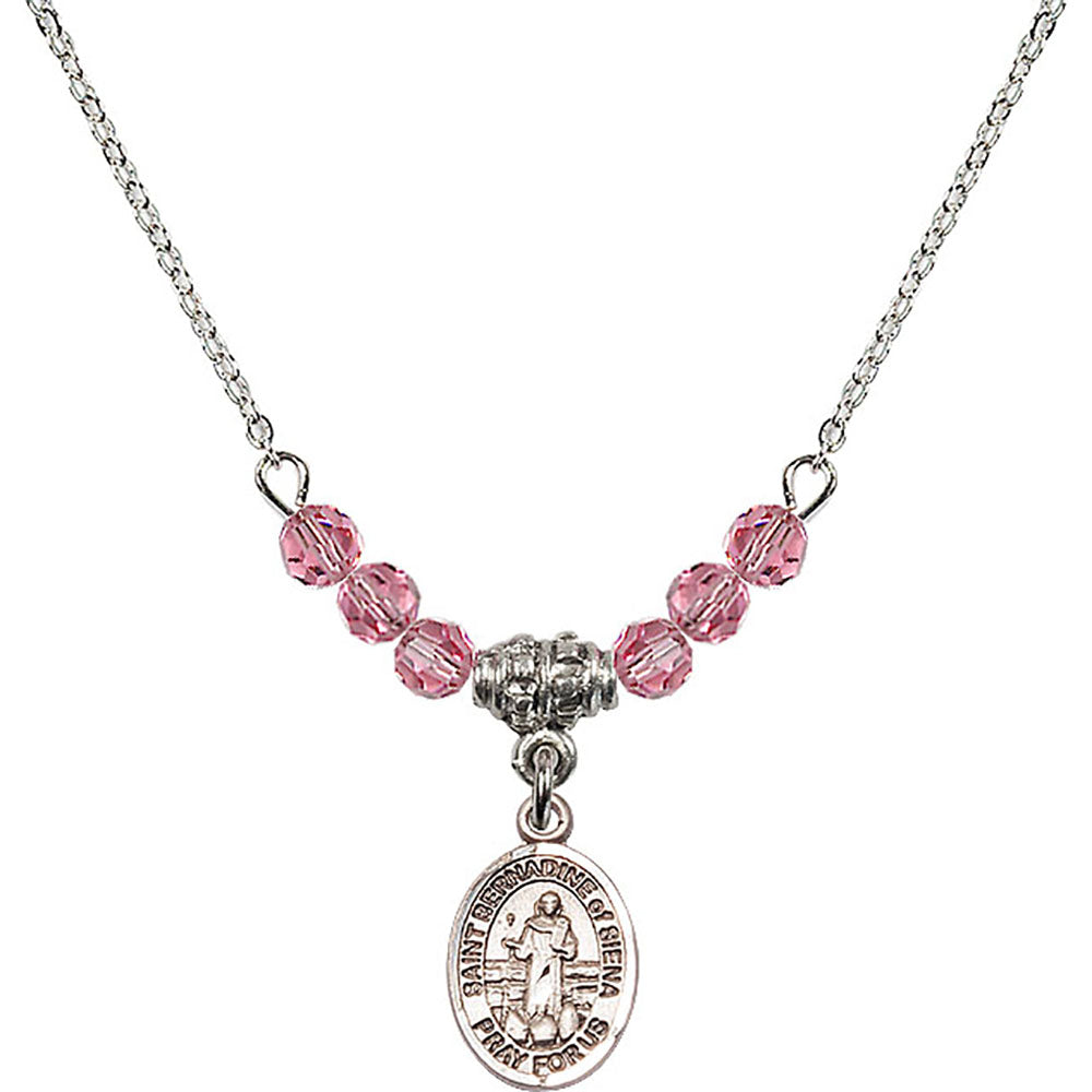 Sterling Silver Saint Bernadine of Sienna Birthstone Necklace with Rose Beads - 9387