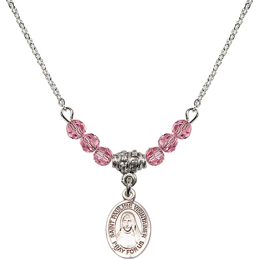 Sterling Silver Saint Pauline Visintainer Birthstone Necklace with Rose Beads - 9391