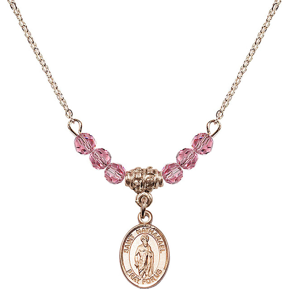 14kt Gold Filled Saint Nathanael Birthstone Necklace with Rose Beads - 9398