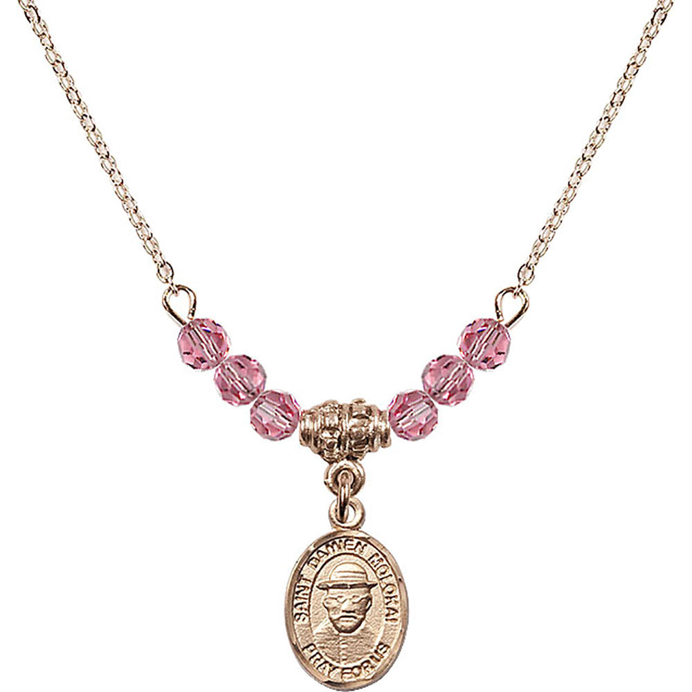 14kt Gold Filled Saint Damien of Molokai Birthstone Necklace with Rose Beads - 9412