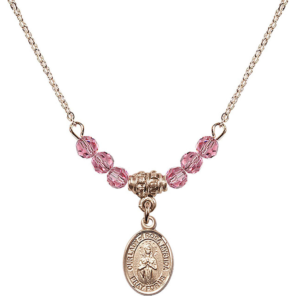 14kt Gold Filled Our Lady of Rosa Mystica Birthstone Necklace with Rose Beads - 9413