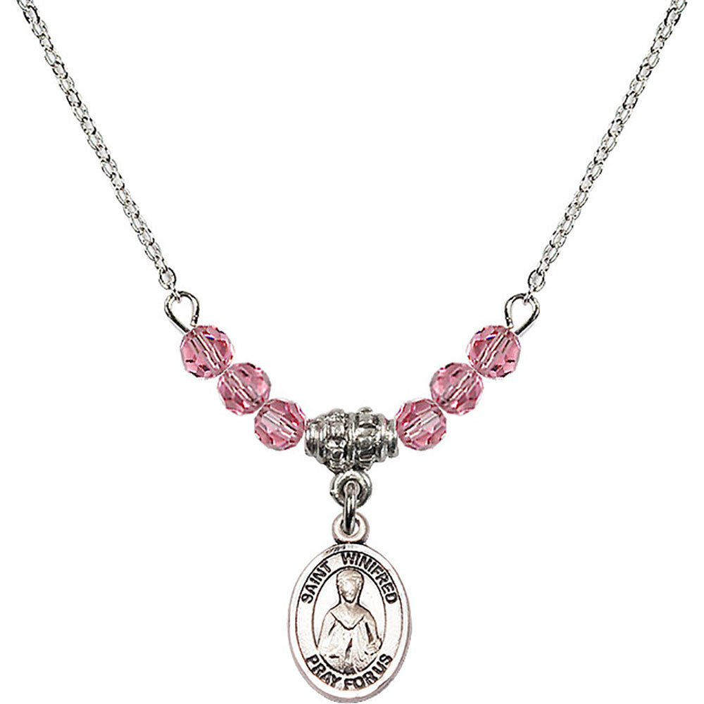 Sterling Silver Saint Winifred of Wales Birthstone Necklace with Rose Beads - 9419