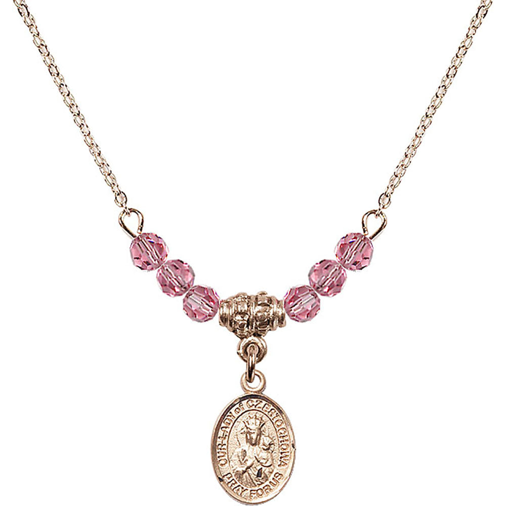 14kt Gold Filled Our Lady of Czestochowa Birthstone Necklace with Rose Beads - 9421