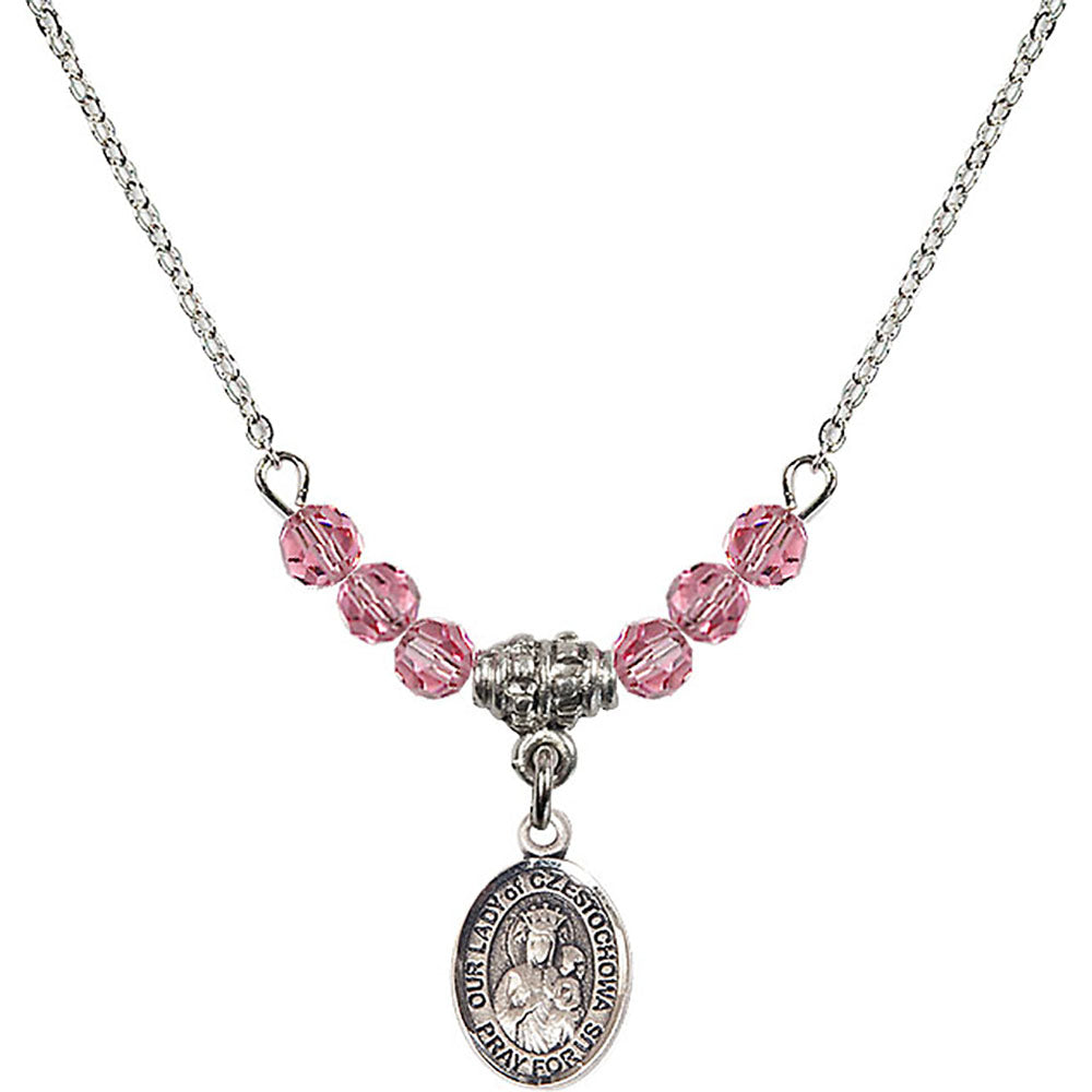 Sterling Silver Our Lady of Czestochowa Birthstone Necklace with Rose Beads - 9421