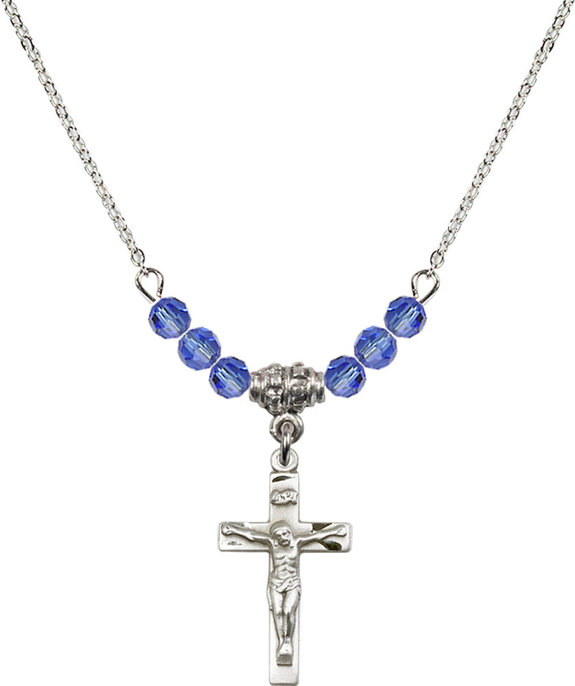 Sterling Silver Crucifix Birthstone Necklace with Sapphire Beads - 0001