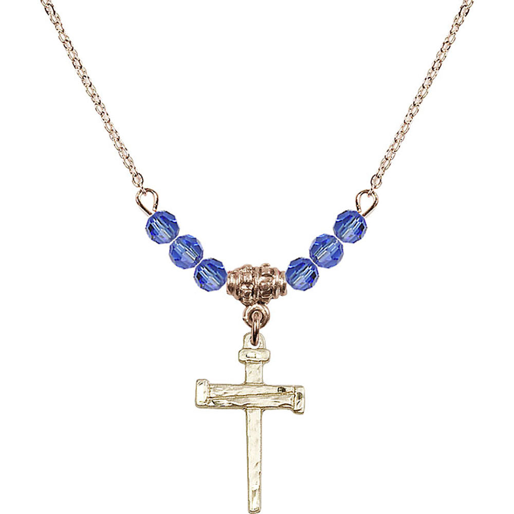 14kt Gold Filled Nail Cross Birthstone Necklace with Sapphire Beads - 0012