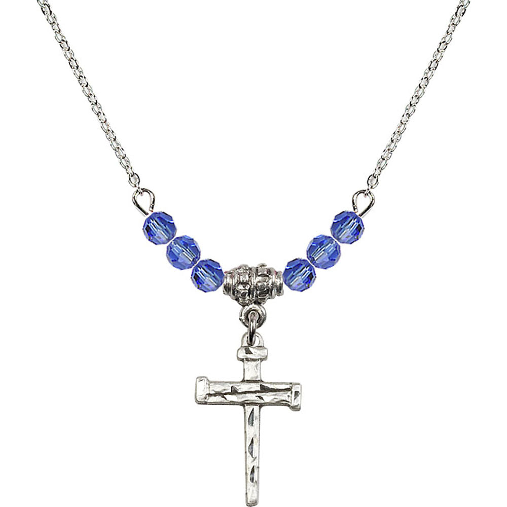 Sterling Silver Nail Cross Birthstone Necklace with Sapphire Beads - 0012