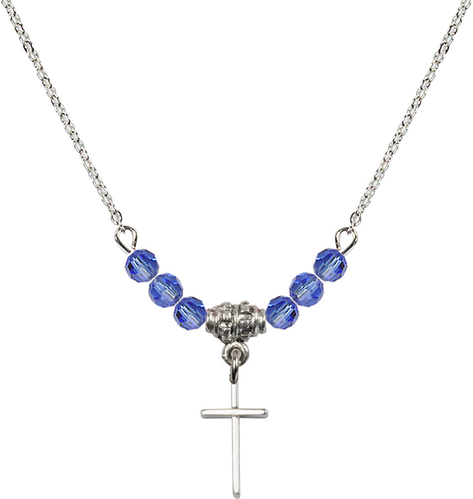 Sterling Silver Cross Birthstone Necklace with Sapphire Beads - 0014