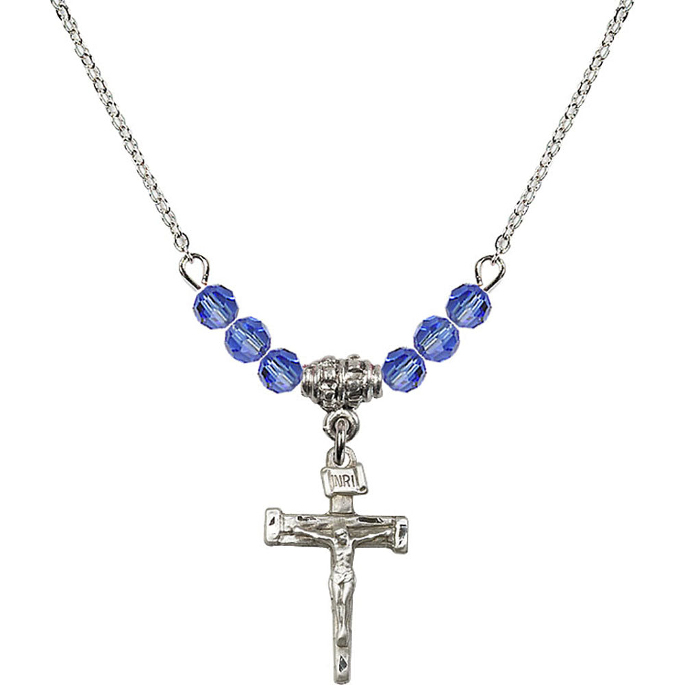 Sterling Silver Nail Crucifix Birthstone Necklace with Sapphire Beads - 0072