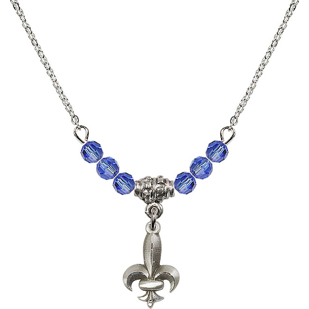 Sterling Silver Fleur de Lis Birthstone Necklace with Sapphire Beads - 0293