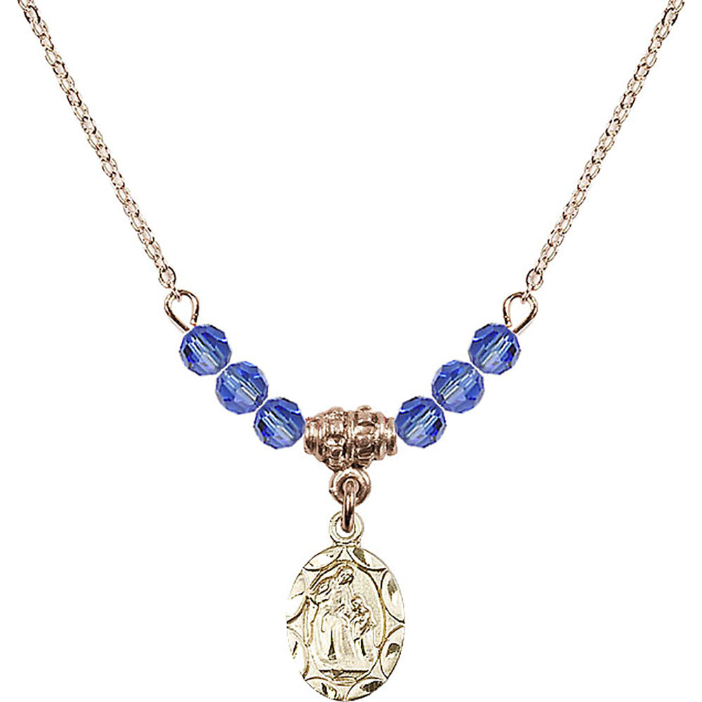 14kt Gold Filled Saint Ann Birthstone Necklace with Sapphire Beads - 0301