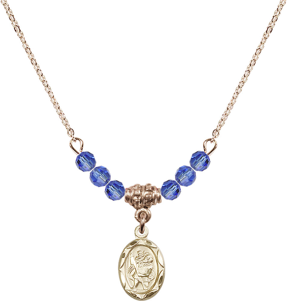 14kt Gold Filled Saint Christopher Birthstone Necklace with Sapphire Beads - 0301
