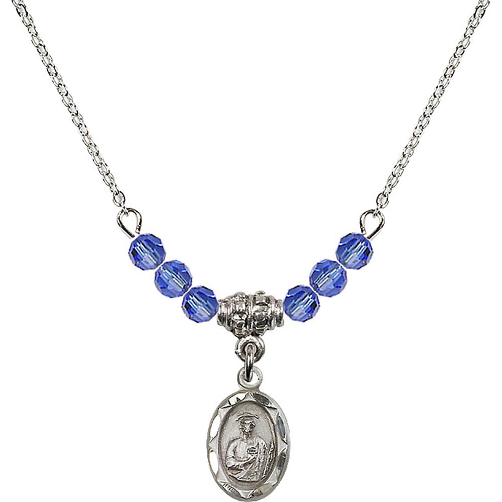 Sterling Silver Saint Jude Birthstone Necklace with Sapphire Beads - 0301