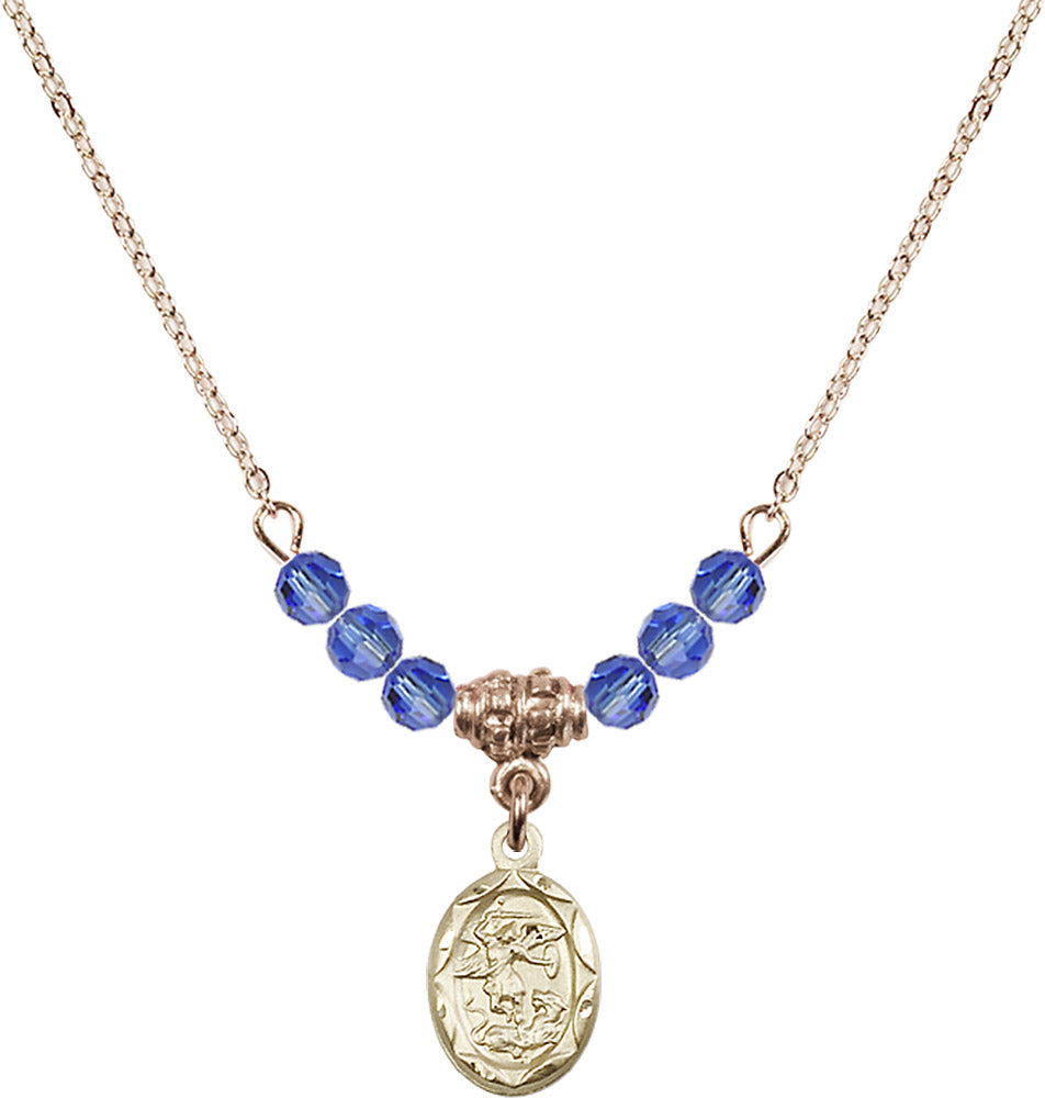 14kt Gold Filled Saint Michael the Archangel Birthstone Necklace with Sapphire Beads - 0301