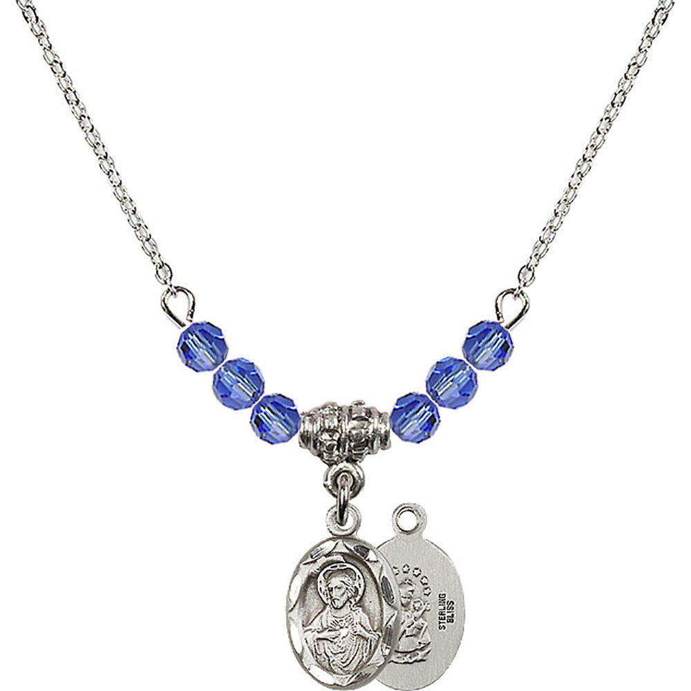 Sterling Silver Scapular Birthstone Necklace with Sapphire Beads - 0301