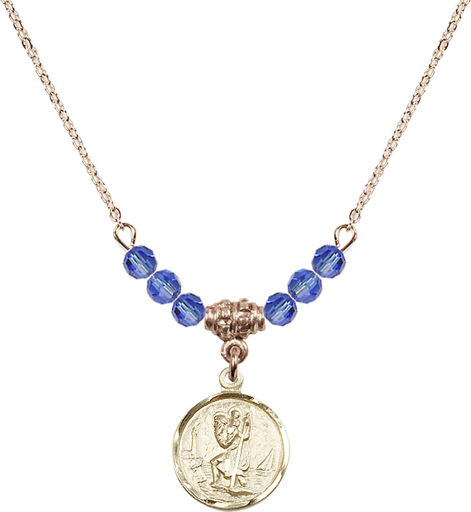 14kt Gold Filled Saint Christopher Birthstone Necklace with Sapphire Beads - 0601