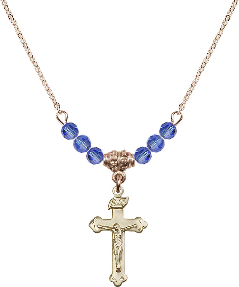 14kt Gold Filled Crucifix Birthstone Necklace with Sapphire Beads - 0669