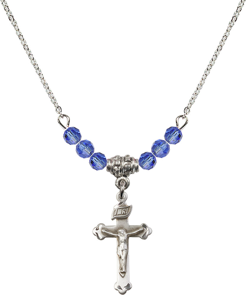 Sterling Silver Crucifix Birthstone Necklace with Sapphire Beads - 0669