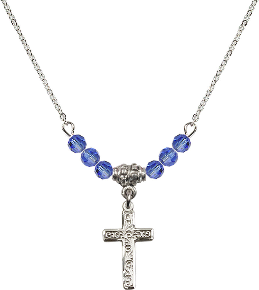 Sterling Silver Cross Birthstone Necklace with Sapphire Beads - 0672