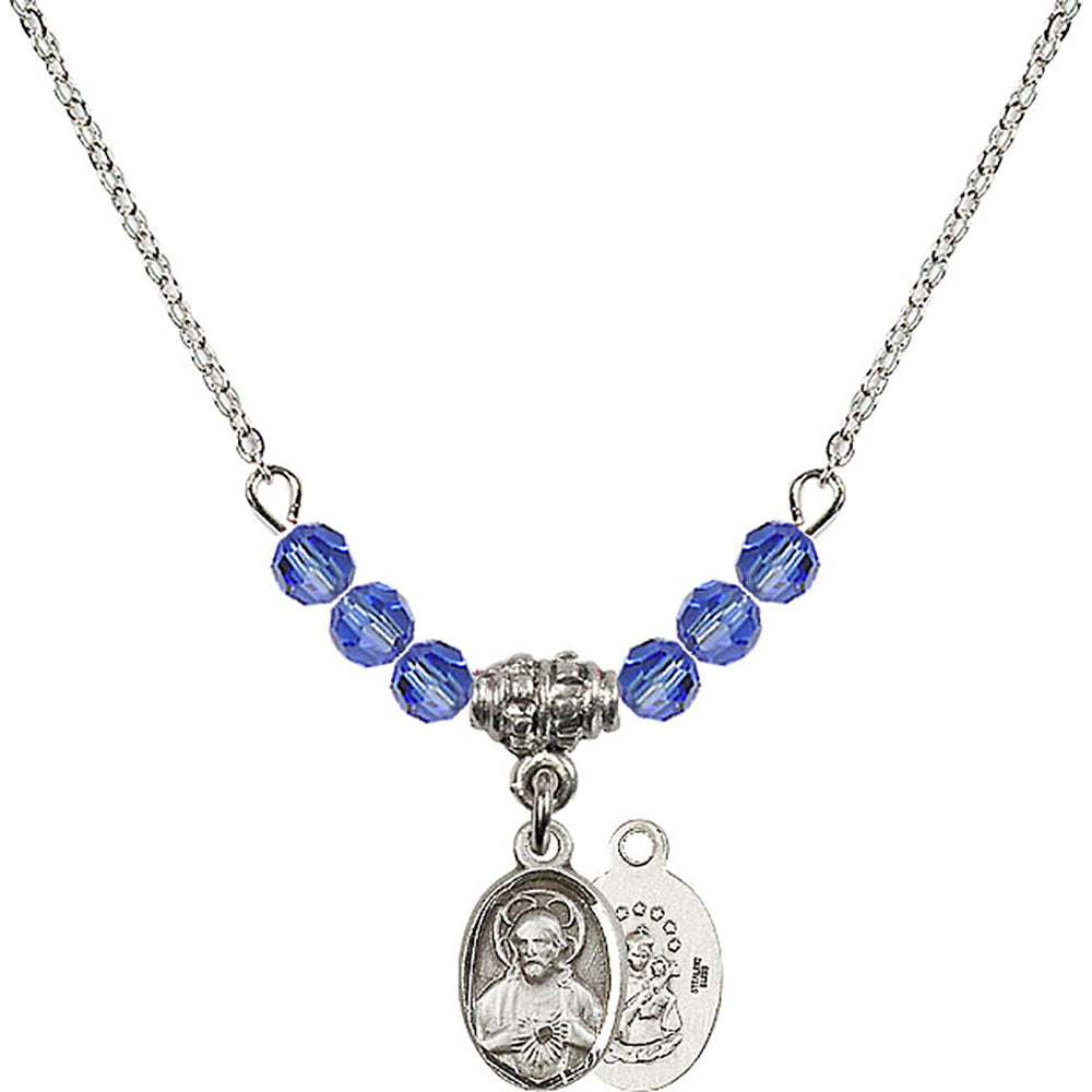 Sterling Silver Scapular Birthstone Necklace with Sapphire Beads - 0702