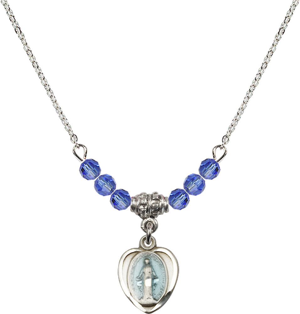 Sterling Silver Miraculous Birthstone Necklace with Sapphire Beads - 0706